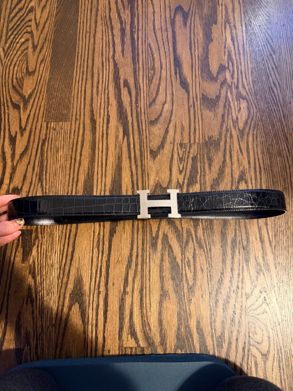 Lederer Black Croc-Embossed Leather Belt with Silver H Buckle